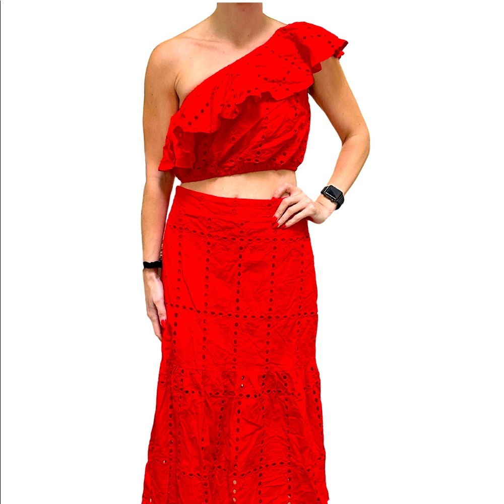 Red Two Piece Skirt & One Shoulder Top